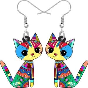 Women's jewelry unique multicolored designed cat dangle earrings!